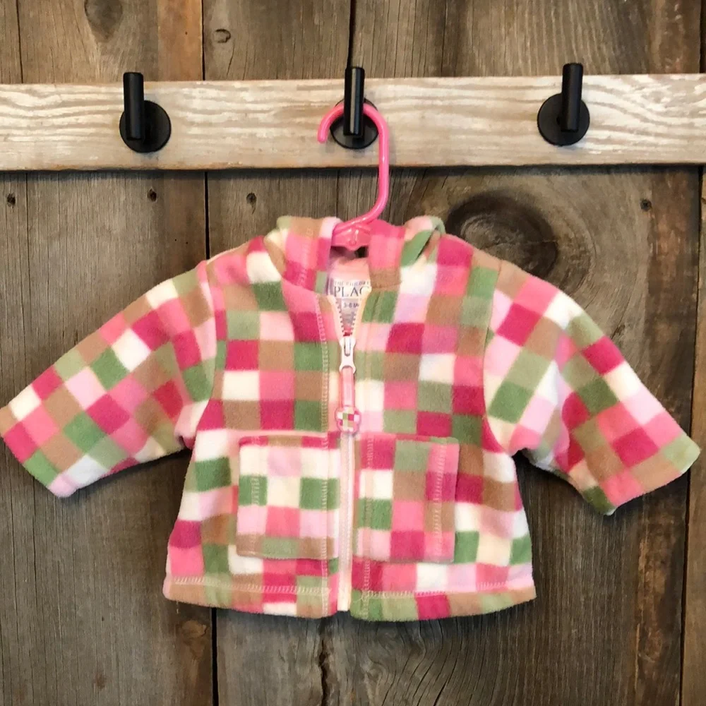 Children’s Place Pink Green Checkered Full Zip Fleece Hooded Jacket 3-6 months